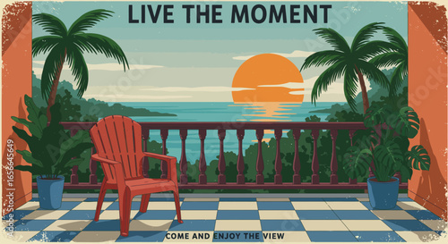 A tropical balcony view with a red chair, palm trees, and a sunset over the ocean, inviting you to live in the moment and enjoy the beautiful scenery