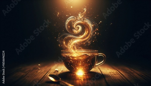 Clear glass cup with luminous swirling steam rising from dark liquid on a wooden surface illuminated by golden light