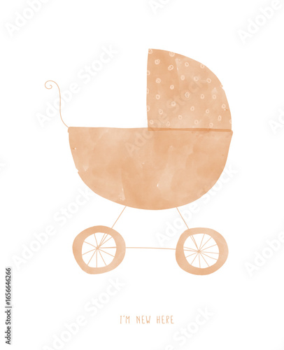Watercolor Vector Illustration of Baby Carriage With Gentle Polka Dot Pattern. Baby Shower Vector Card. Watercolor Depiction Of A Baby Carriage, Perfect For Nursery Themes, New Baby Announcements.