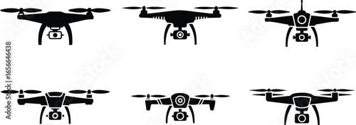  collection of drone icons, representing aerial technology, remote control flying devices, and surveillance equipment for video photography and innovative sky views with unmanned aerial vehicles