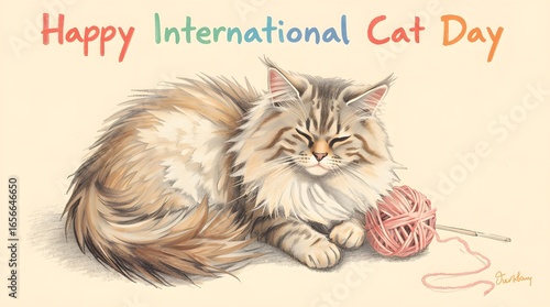 Happy International Cat Day Greeting Card with Hand-Drawn Image