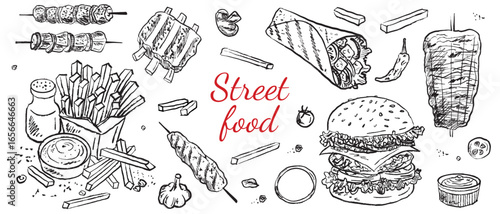 Menu design, web banner, invitation, camping symbol, french fries. Street food design, hamburger line art design. Doner kebab crayon illustration, chicken pita roll in vintage black style.