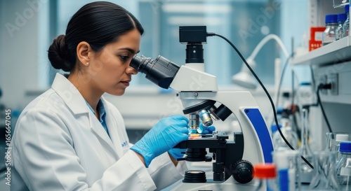 A female scientist in a lab coat and gloves using a microscope in a laboratory.