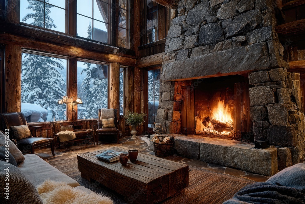 Fototapeta premium Cozy log cabin living room with fireplace