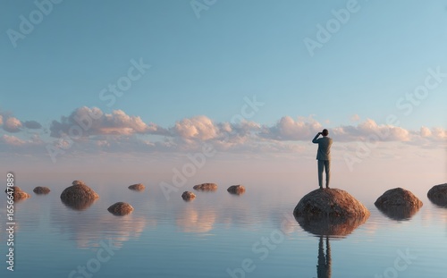 Businessman with binoculars on a rock in tranquil water, serene sky