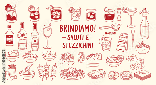 Brindiamo! Italian Bar Classics. A hand drawn vector doodle collection of traditional spirits, cocktails, and snacks for a restaurant menu, promotional flyer, or a classic bar's branding.