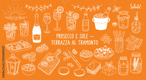 Prosecco and Sun. Terrace at Sunset. A vibrant vector doodle set of Italian aperitivo food and drinks for a summer party poster, social media announcement, or an event invitation graphic.