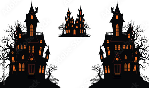 Haunted house silhouette vector set, spooky mansion, Halloween illustration, scary building, eerie trees, horror clipart, dark castle, Adobe Stock