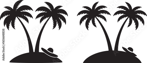 Two tropical islands with palm trees and beach chairs silhouette