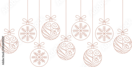 Delicate Rose Gold Outline Hanging Christmas Ornaments on a White Background