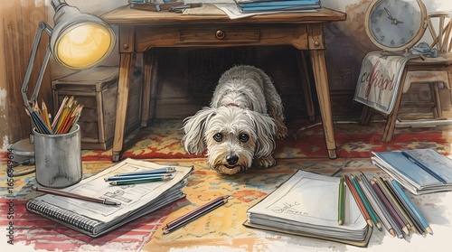 Dog Under Desk in Art Studio