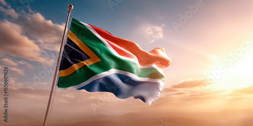 South African flag waving proudly against a vibrant sunset sky with dramatic cloud formations