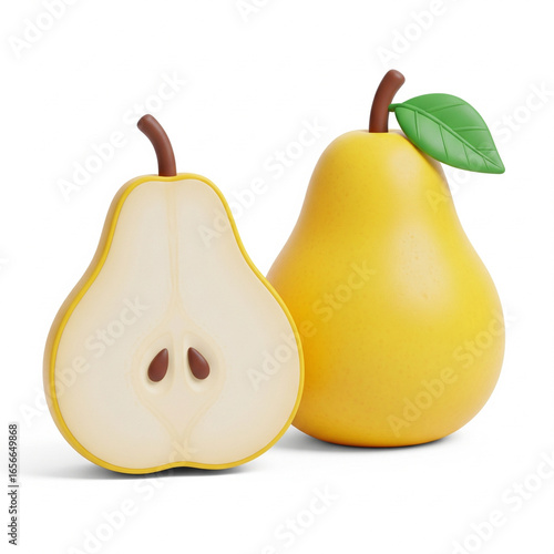 A 3D illustration of a whole yellow pear and a half-cut pear revealing the inside with seeds, set against a clean white background.