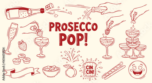 Prosecco Pop. Celebration Time. A fun hand drawn vector doodle set with a popping champagne bottle and a bubbly tower for a wedding invitation, New Year's Eve card, or a party graphic.