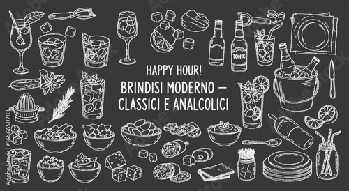 Chalkboard Bar. Happy Hour. A hand drawn chalk vector set of classic and non-alcoholic cocktails, barware, and snacks for a pub menu, blackboard promotion, or a party invitation design.