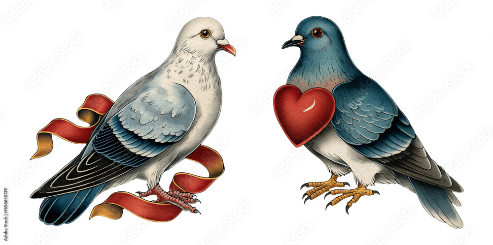 Fototapeta premium Detailed Illustrations of Two Pigeons with Ribbons on Transparent Background