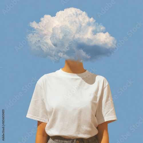 Woman with a cloud head, minimalist style