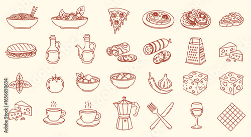 Italian Food Icons. Trattoria Menu. A hand drawn vector line art set with pasta, pizza, coffee, and wine for a restaurant menu, food packaging, or a culinary website design element.