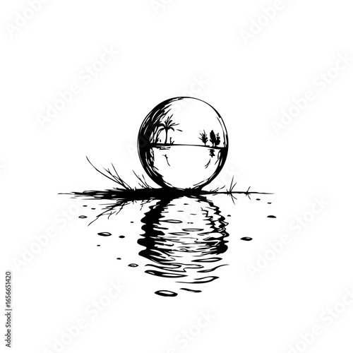 A tranquil reflection: Nature's serene beauty mirrored in a spherical glass with delicate coastal line elements artful