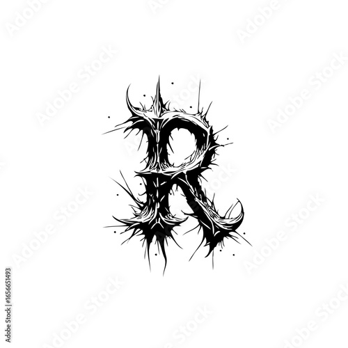 Elegant gothic letter R illustration featuring intricate dark thorns creating a unique design concept artistic