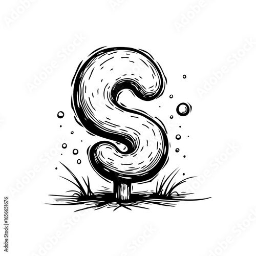 Letter S illustration with rustic design on grass showcasing artistic alphabet typography design and style