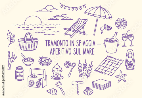Beach Sunset. Aperitivo. Summer Romance. A minimal vector line art set of beach picnic items with cocktails and snacks for a romantic invitation, poster, or a social media graphic design.