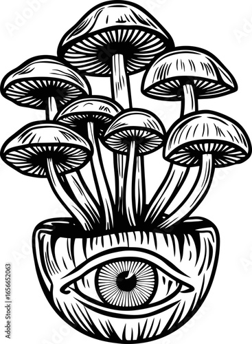 Surreal mushrooms growing from bowl with all seeing eye, black and white line art illustration, mystical nature symbolism