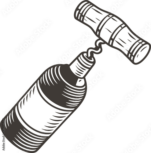 Corkscrew opening wine bottle vintage hand drawn tool removing cork, isolated illustration for beverages and hospitality concepts