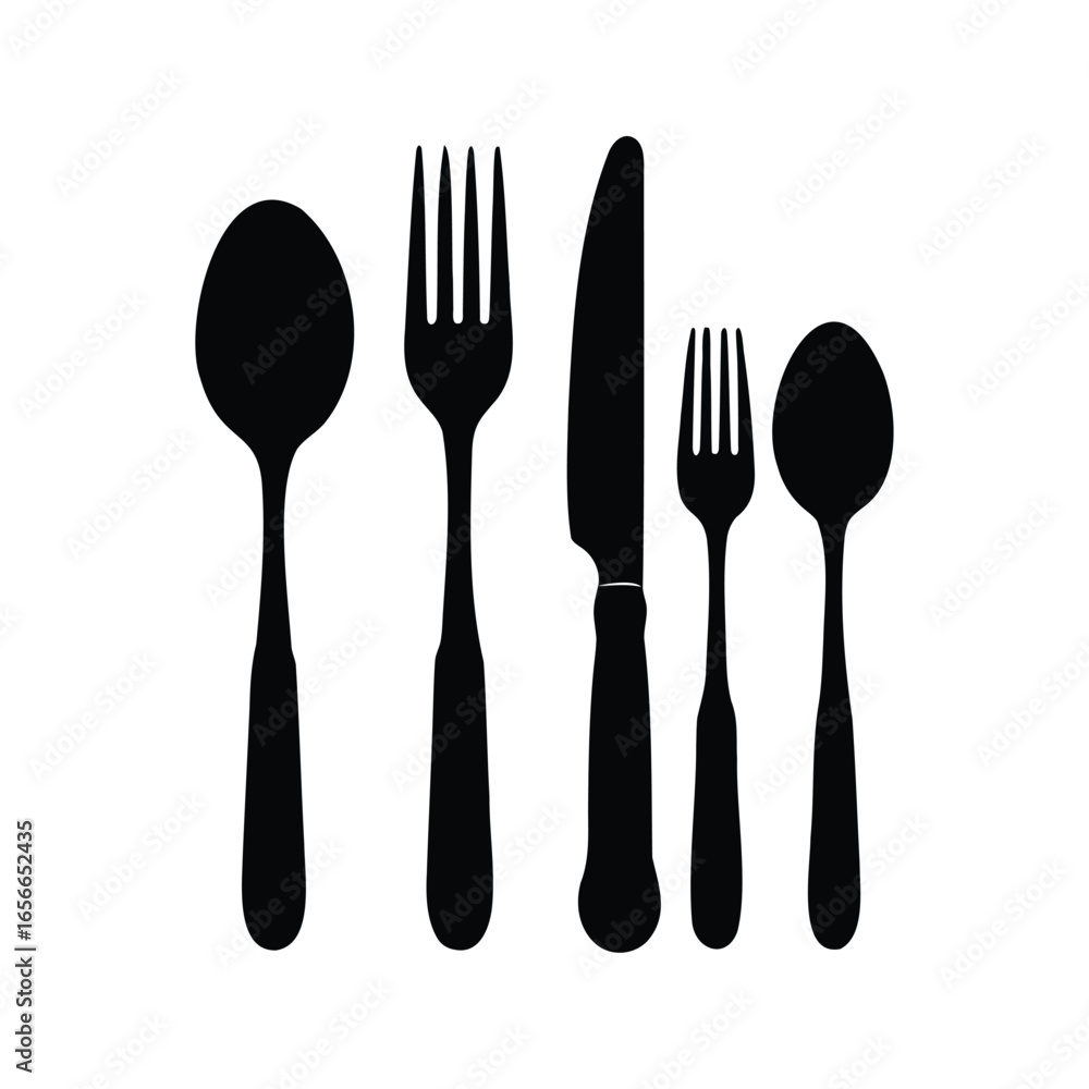 Elegant black and white minimalist flatware cutlery set for dining occasions, kitchenware spoon silhouette vector illustration Elegant black and white minimalist flatware cutlery set for dining occasions, kitchenware spoon silhouette vector illustration