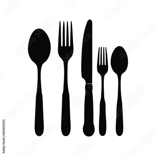 Elegant black and white minimalist flatware cutlery set for dining occasions, kitchenware spoon silhouette vector illustration