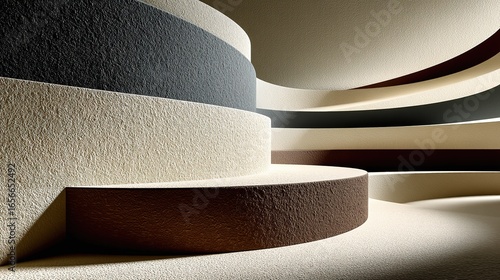 Spiral composition with rugged charcoal-beige strata textures ascending dynamically, shadow stratification creating mineral geodynamics for spatial catharsis