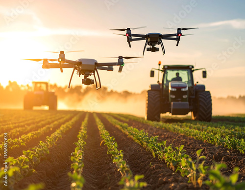 Modern farming utilizes advanced technology with drones flying over fields and tractors working land, showcasing innovation