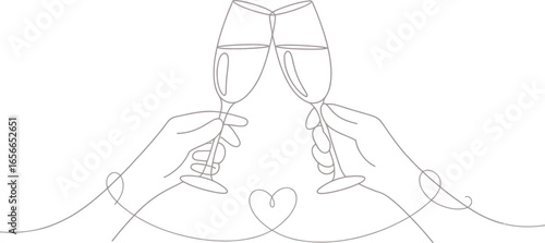 Elegant Hands Toasting with Champagne Glasses Single Line Style on Transparent