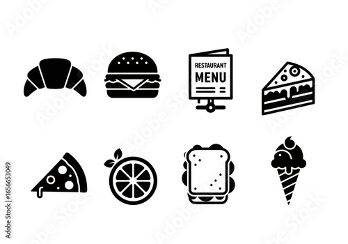 Culinary Symphony: A collection of iconic food items, captured in striking minimalist designs, presenting a visual feast that evokes the delightful essence of gastronomy.