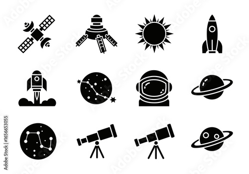 Celestial Explorers: An ensemble of meticulously crafted graphic icons unveils the wonders of space, each symbol a tribute to the cosmos, from orbiting satellites to adventurous astronauts. 