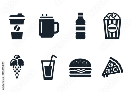 Essential Food and Drink: A collection of iconic illustrations showcases an array of everyday sustenance, including coffee, water, popcorn, ice cream, juice, burger, and pizza.