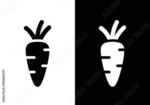 Carrot Icon: Simple and striking graphic illustration of a carrot, rendered in contrasting black and white, perfect for conveying fresh, healthy, or vegetarian themes.