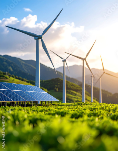 Sustainable energy landscape featuring solar panels and wind turbines under bright sky, symbolizing renewable energy solutions