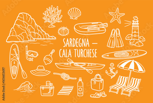 Sardinia. Italy. Sea Adventure. Vector doodle set of beach and water sports icons like a kayak, snorkel, and dinghy for a travel poster, tourism brochure, or summer t-shirt design.