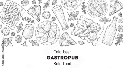 Gastropub menu. Pub food and beer. Hand drawn vector illustration. Food and drink sketch. Top view. Hand drawn food collection for gastropub or pub menu design. Beer,