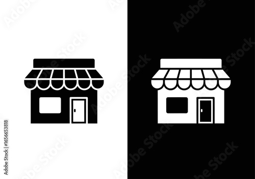 Storefronts Icon: Two stylized storefront icons, presented in both a dark and a light iteration, represent the essence of commerce and retail against a contrasting backdrop. 