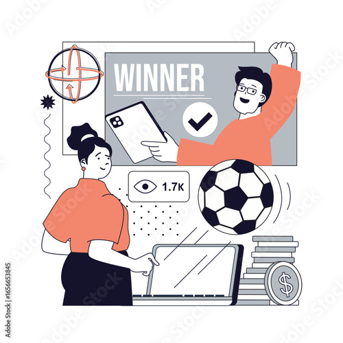 E-sport and video game concept for modern web design. People playing virtual football online using laptop, players team compete in cyber sport championship and winning prize. Vector illustration.