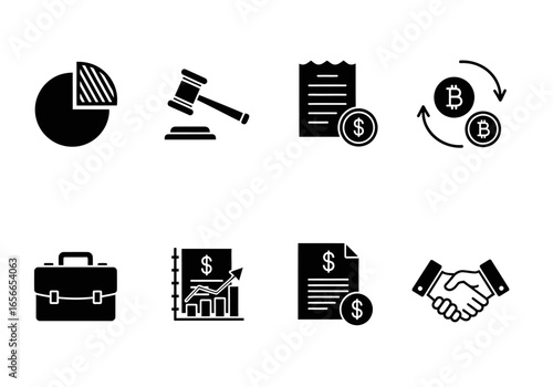 Finance and Business Icons: A set of sophisticated monochrome icons representing various aspects of finance and business, suitable for websites, applications, and presentations.