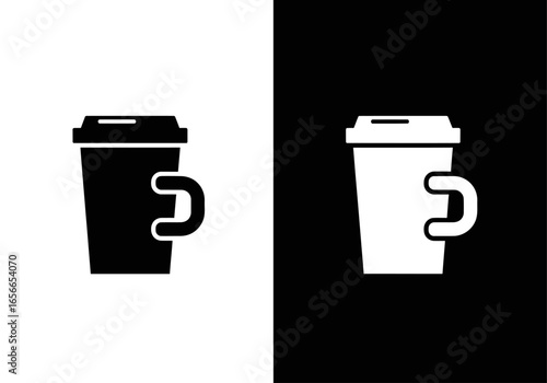 Coffee Cup in Contrast: A minimalist silhouette presents a coffee cup with its lid and handle. This graphic design element symbolizes daily life in a high contrast arrangement.