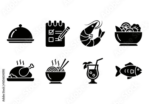 Assorted Culinary Icons: A collection of assorted culinary icons in a flat design. Perfect for food-related projects, these minimalist illustrations showcase the essence of food items, and beverages.