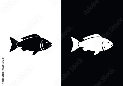 Contrasting Fish Silhouettes: A symmetrical composition features two stylized fish silhouettes, one in stark black and the other in crisp white, set against a dramatic backdrop of opposing colors.