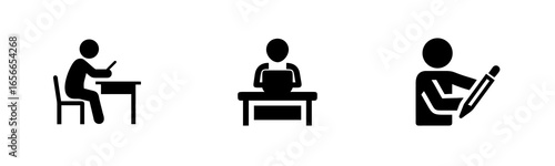 Three stick figures working at desks with a laptop pencil person sitting