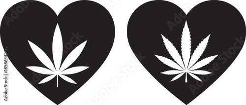 Two black hearts with white cannabis leaf silhouette