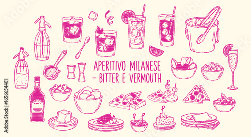 Aperitivo Milanese. Bitter. Vermouth. Hand drawn vector illustration set of classic Milan cocktails like Negroni, plus pizza and snacks for a retro bar menu, poster, or event promotion.
