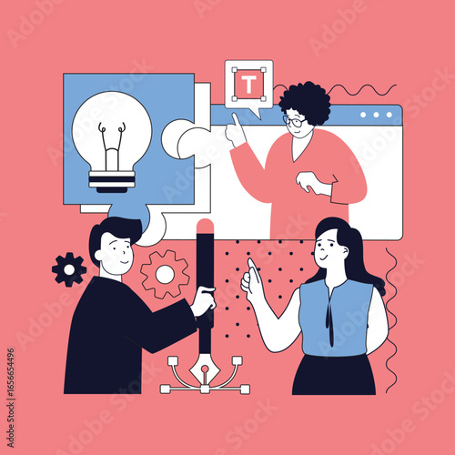 Graphic web design concept for modern website design. People working in team and networking, finding creative ideas, creating layouts and templates, coding and drawing content. Vector illustration.